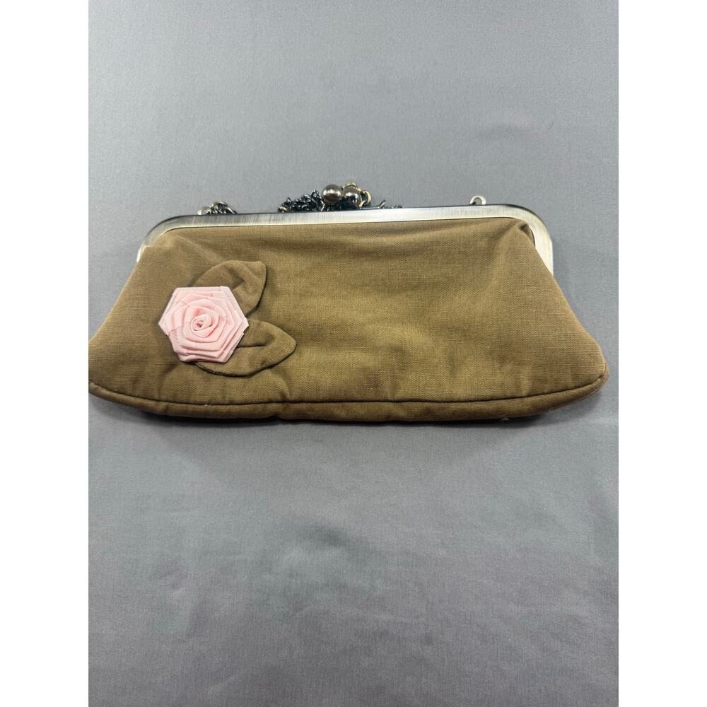 American Eagle Outfitters Olive green Clutch Purse Pink Rosette Flower Kiss Lock